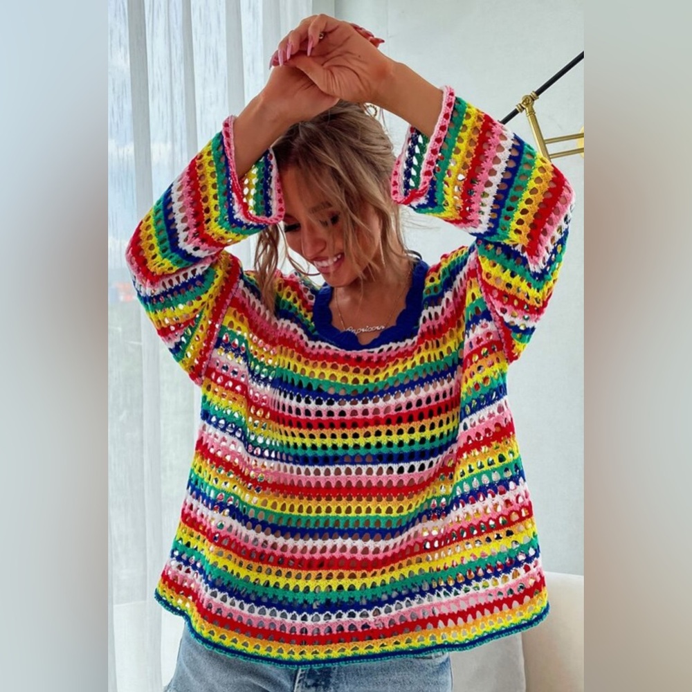 Pink Lily Multicolor Crochet Sweater, size S